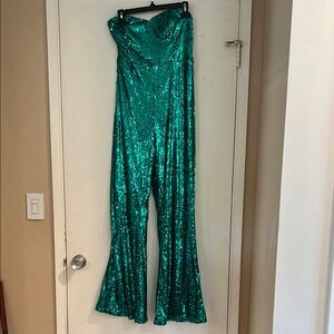Green Sequin Strapless Jumpsuit